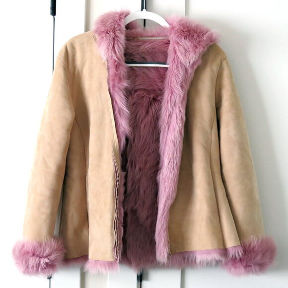 NWOT Luxury ERMANNO SCERVINO Shearling Suede Leather Jacket Coat w Hood - Italy